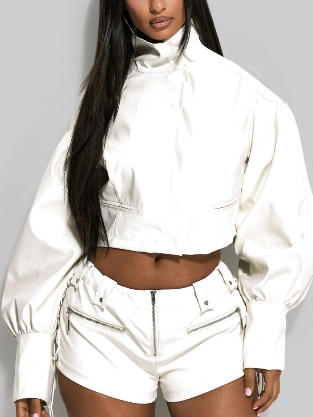 White Casual Women's  Funnel Neck Zipper Jacket